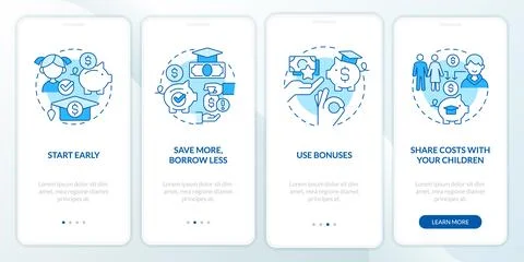 Tips for saving for college blue onboarding mobile app screen Stock Illustration