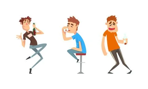 Tipsy Man Character Drinking Alcoholic Beverage Vector Set Stock Illustration