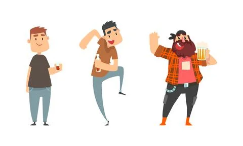 Tipsy Man Character Drinking Alcoholic Beverage Vector Set Stock Illustration