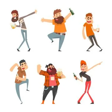 Tipsy Man Character Drinking Alcoholic Beverage Vector Set Stock Illustration