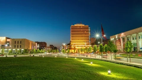 Tirana Timelapse at night city centre with people and traffic Timelapse night, Stock Footage