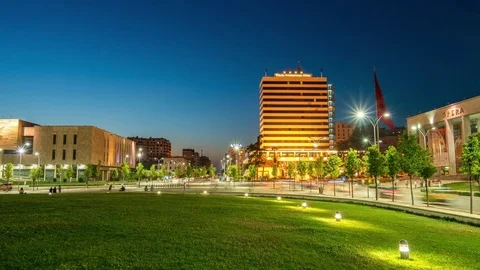 Tirana Timelapse at night city centre with people and traffic Timelapse night, Stock Footage