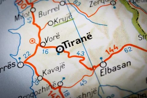 Tirane on a road map Stock Photos