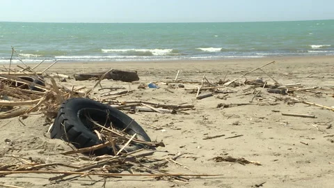 Tire abandoned on the seashore of Ardea Stock Footage 265282555