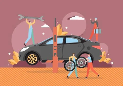 Tire change and car service, auto repair shop, vector flat illustration Stock Illustration