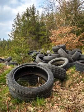 Tire dump next to forest Stock Photos