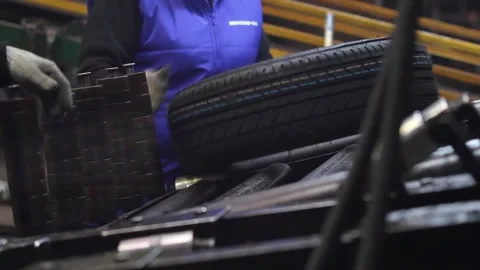 Tire factory, tire manufacturing process. Stock Footage