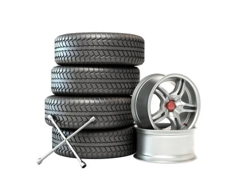 Tire fitting concept car wheels in stack 3d illustration on white no shadow Stock Illustration