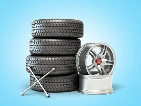 Tire fitting concept car wheels in stack 3d illustration on blue gradient Stock Illustration