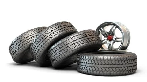Tire fitting concept car wheels in stack 3d illustration on white Illustrazione stock