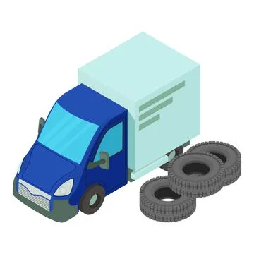 Tire fitting icon isometric vector. Several new automobile tire and delivery van 库存插图
