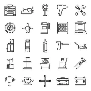 Tire fitting tool icons set, outline style Stock Illustration