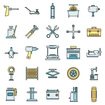 Tire fitting tool icons set vector color line Stock Illustration