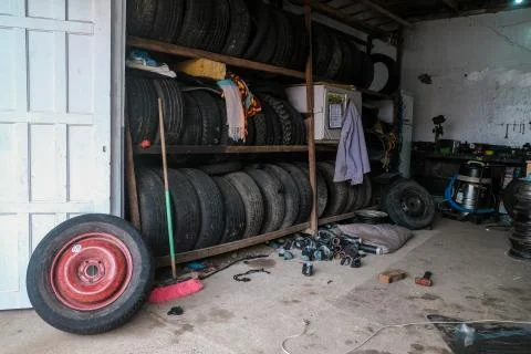 Tire fitting warehouse Stock Photos
