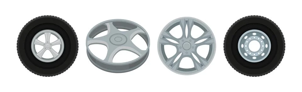 Tire or Tyre as Ring-shaped Component of Wheel Rim Vector Set Stock Illustration