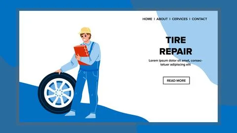 Tire Repair Worker Checking And Fix Wheel Vector 스톡 일러스트