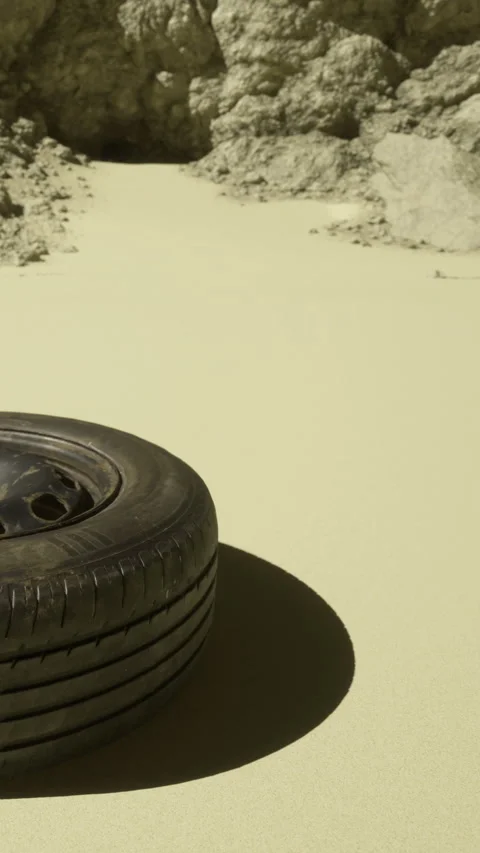 Tire resting on yellow sand in a desolate landscape during daytime Stock Footage 334174623