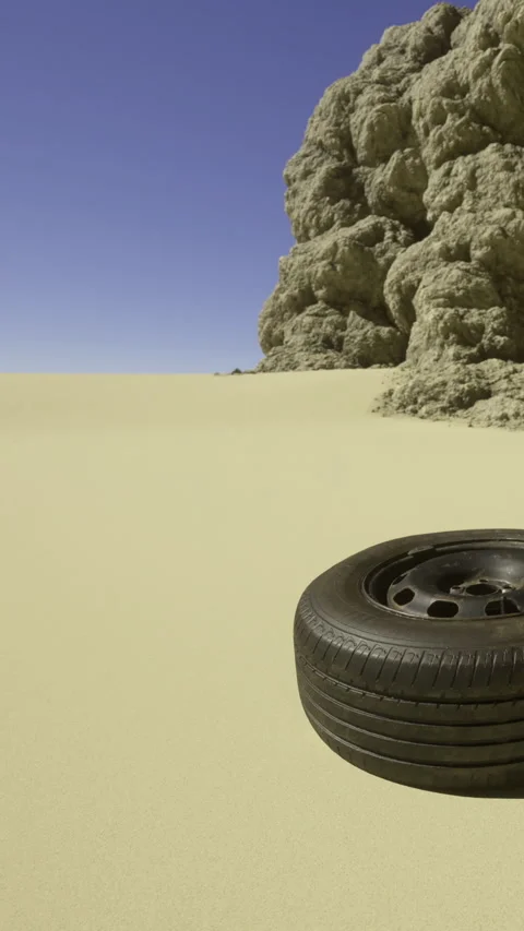 Tire rests on sandy desert floor near rocky formation under clear sky Stock Footage 334174351