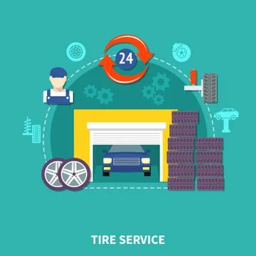 Tire Service Flat Design Concept Stock Illustration