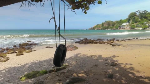 Tire Swing Hanging From Tree Branch Over Tranquil sandy beach. Summer concept Stock Footage 312033031