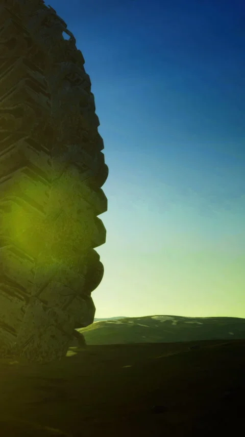 Tire on terrain with sunset in background during outdoor exploration trip Stock Footage 336182988