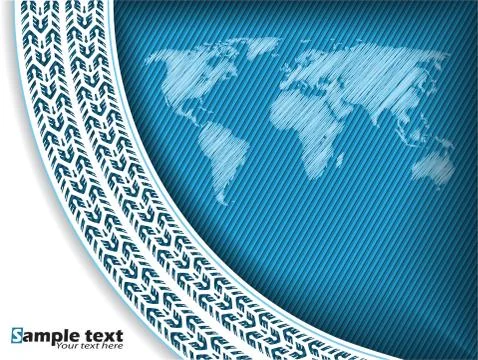 Tire track background with scribbled world map Stock Illustration