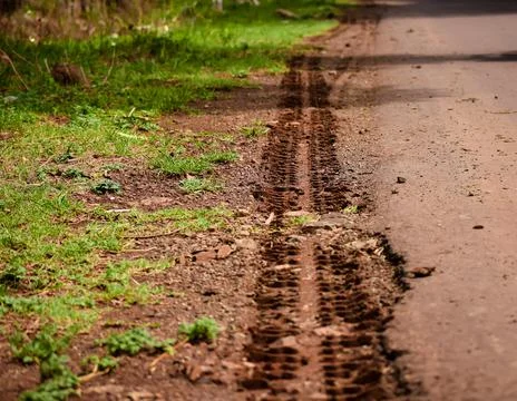 Tire track impression on the surface of the soil mud near the road. Stock Photos