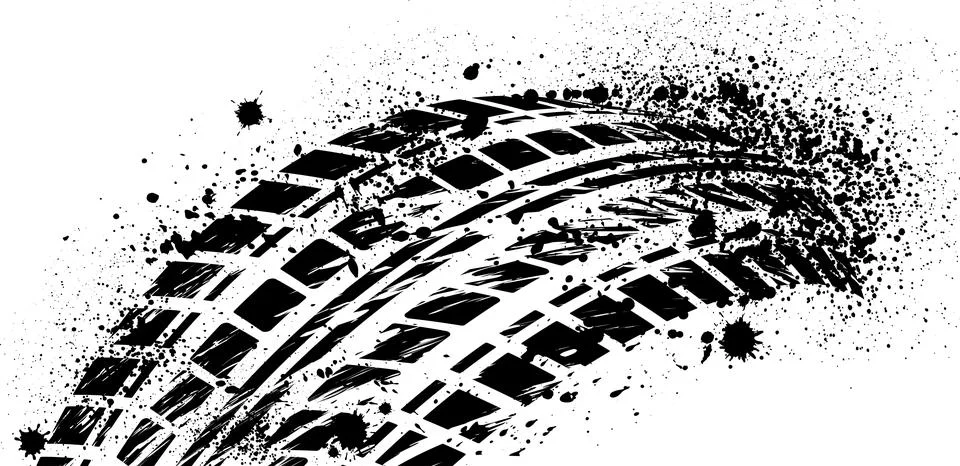 Tire track pattern with ink splatter grunge background. The car's wheel pri.. Stock Illustration