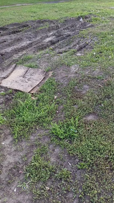 Tire tracks on the grass that turned to mud after the rain. Puddle on the road Stock Footage 317669354