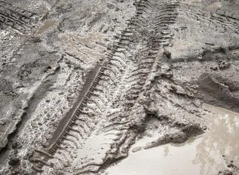 Tire tracks in the mud dirty road Stock Photos