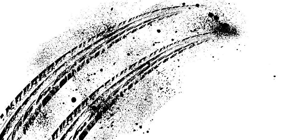 Tire tracks pattern with ink splatter grunge background. The car's wheels p.. 스톡 일러스트