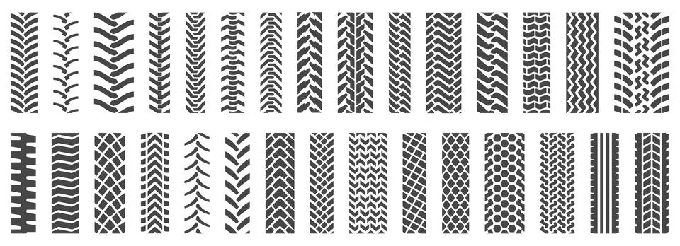 Tire tracks patterns. Vector set of black automotive tread imprint. Illustrazione stock