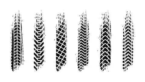 Tire tracks patterns. Vector set of grunge automotive tread imprint. Illustrazione stock