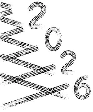 Tire tread marks forming the year 2026 and grunge abstract lines on a white.. Stock Illustration