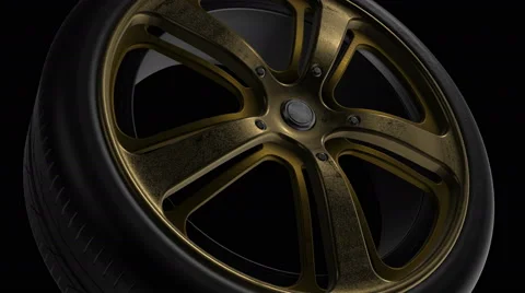 Tire Wheel Gold Metal Loop Animation Rotation Front View - With Alpha Channel Stock Footage 68678686