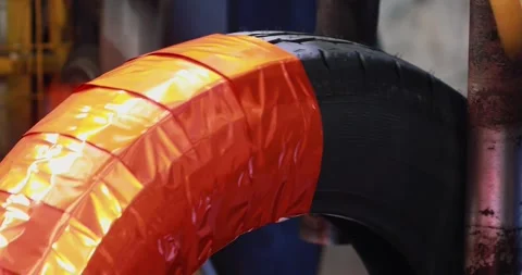 Tire Wrapping with orange plastic Stock Footage 248523791