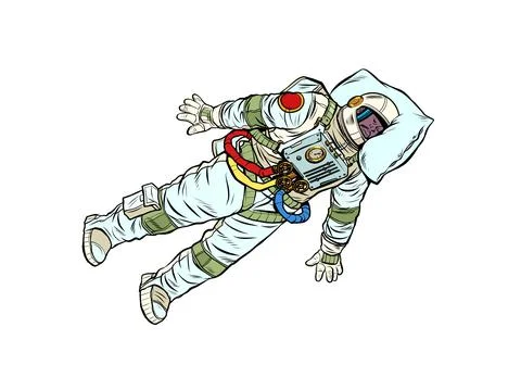 A tired astronaut sleeps in outer space. A professional sleeps at work with his Stock Illustration