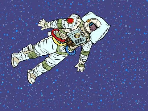 A tired astronaut sleeps in outer space. A professional sleeps at work with his Stock Illustration