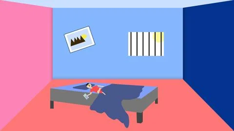 Tired boy sleeping on bed. Stock Illustration