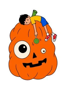 Tired Boy Sleeping on a Pumpkin Stock Illustration