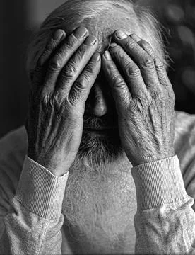 A tired, broken, resigned, preoccupied elderly man sits in front of a laptop, Stock Photos