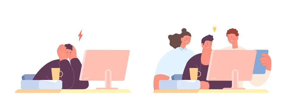 Tired burnout man has problems with work. Colleagues come to help and reload Stock Illustration