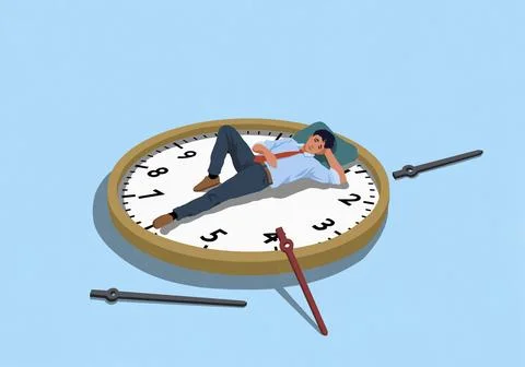 Tired businessman sleeping on broken clock Stock Illustration