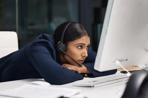 Tired, call center problem and a woman with a computer for online service Stock Photos