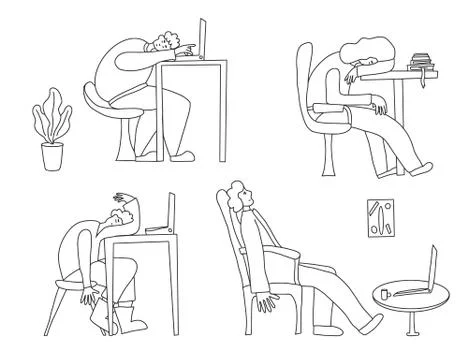 Tired characters set. Persons sitting at the table and sleeping. Exhausted pe Stock Illustration