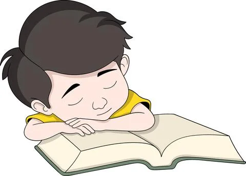 Tired Child Sleeping On Book Study Burnout Illustration Illustrazione stock
