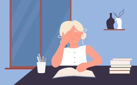 Tired child student doing homework late, girl sitting at desk with books to Stockillustratie