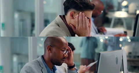 Tired, collage and computer with business people in office for research glitch Stock Footage 303552962