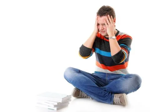 Tired college student with stack of books isolated Stock Photos
