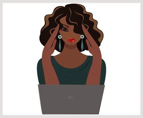 Tired of computer problems African American woman holds her head with her han Stock Illustration